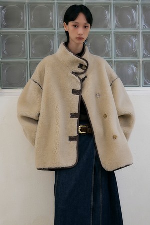 리얼 양털 오버핏 라인 무스탕 자켓 [베이지]
