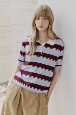 스트라이프 카라 하프 니트 [버건디]