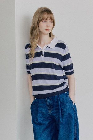 스트라이프 카라 하프 니트 [네이비]