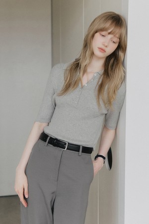 버튼 카라 리브드 하프 니트 [그레이]