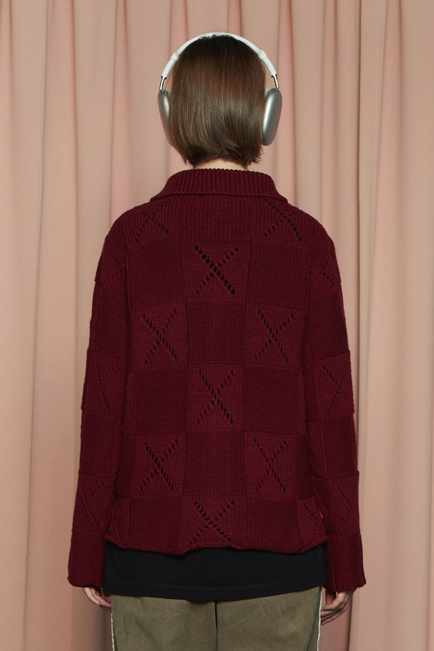 UNALLOYED - 자켓 - BUTTON ARGYLE KNIT JACKET / WINE