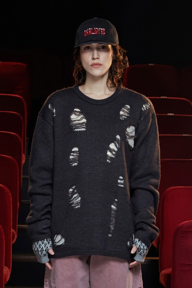 UNALLOYED - 스웨터 - DESTROYED MOHAIR KNIT / CHARCOAL