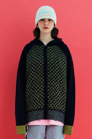 EMBOSSING CLOVER KNIT ZIP-UP HOODIE / NAVY