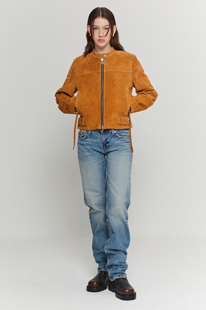 Calf Suede Zip Leather Jacket (Camel)