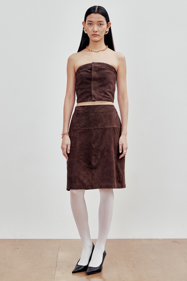 ANDROS - 미디스커트 - Goat Suede Midiskirt (Chocolate Brown)