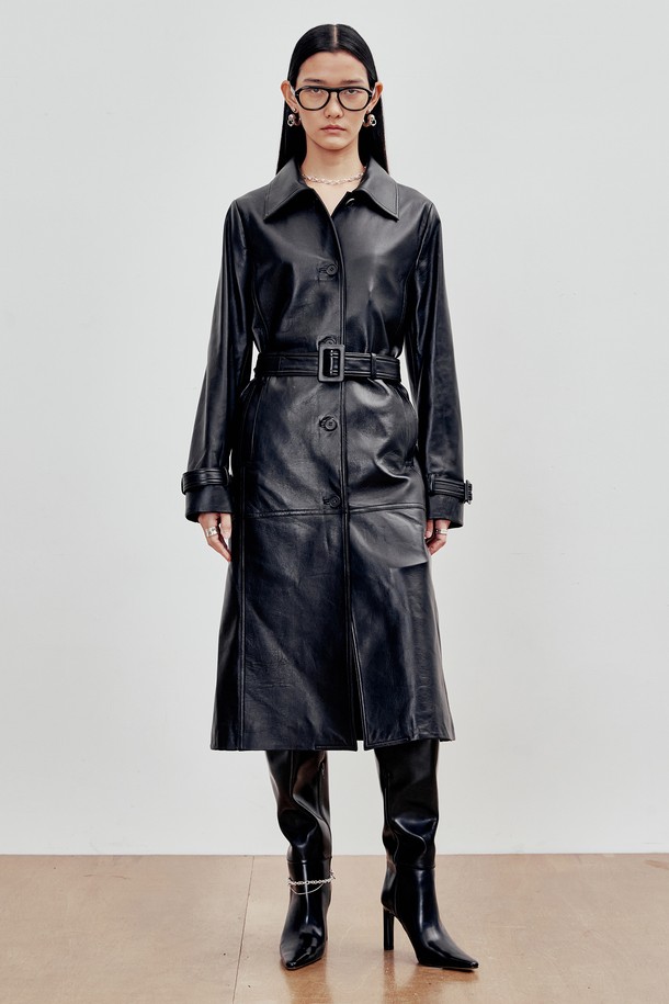 ANDROS - 레더 자켓 - Belted lambskin Trench Coat (Black)