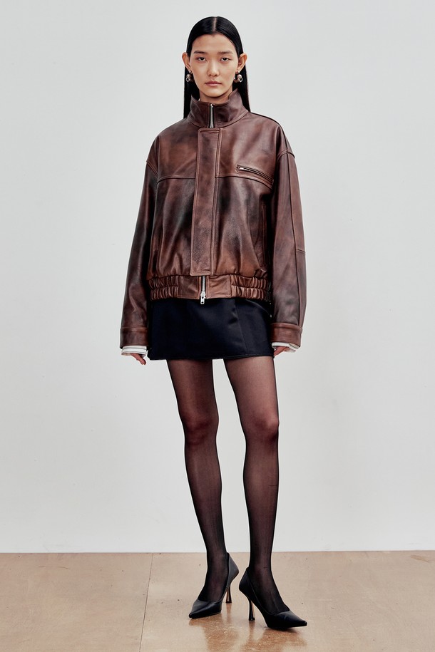 ANDROS - 레더 자켓 - Cowhide Bomber Jacket (Brown)