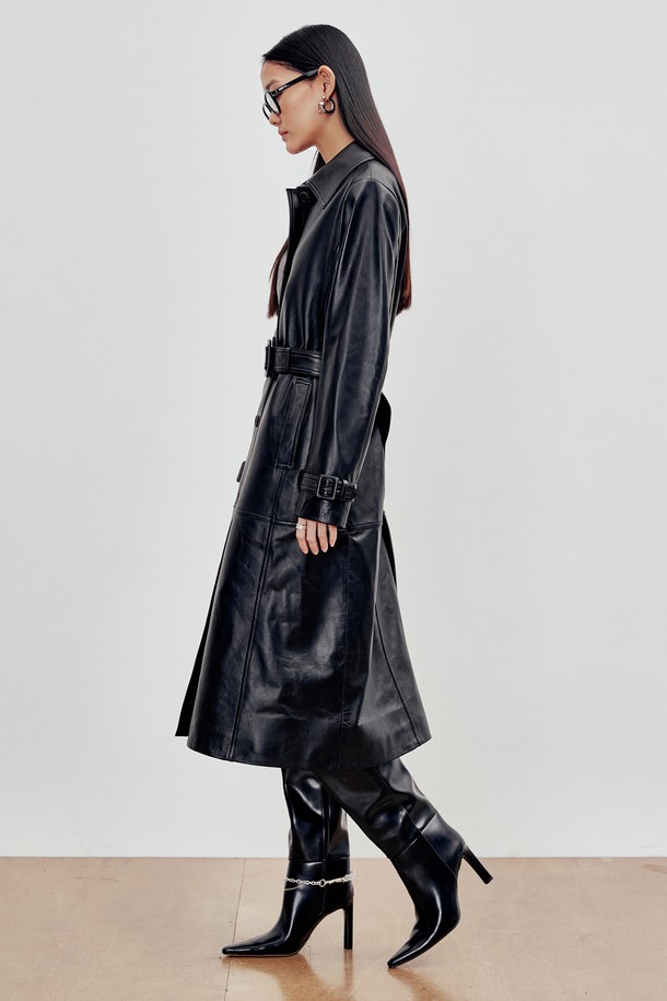 ANDROS - 레더 자켓 - Belted lambskin Trench Coat (Black)