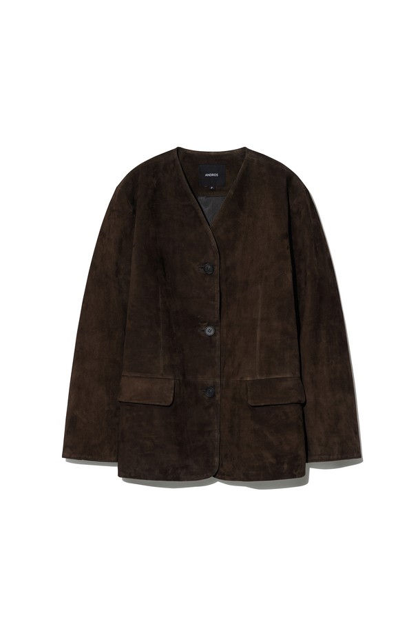 ANDROS - 레더 자켓 - Collarless Goat Suede Jacket (Chocolate Brown)