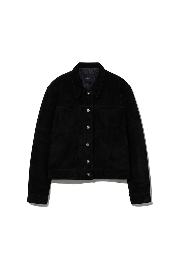 ANDROS - 가죽 - Cow Suede Trucker Jacket (Black)