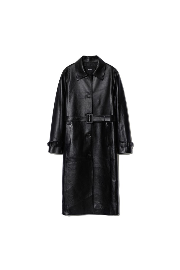 ANDROS - 레더 자켓 - Belted lambskin Trench Coat (Black)