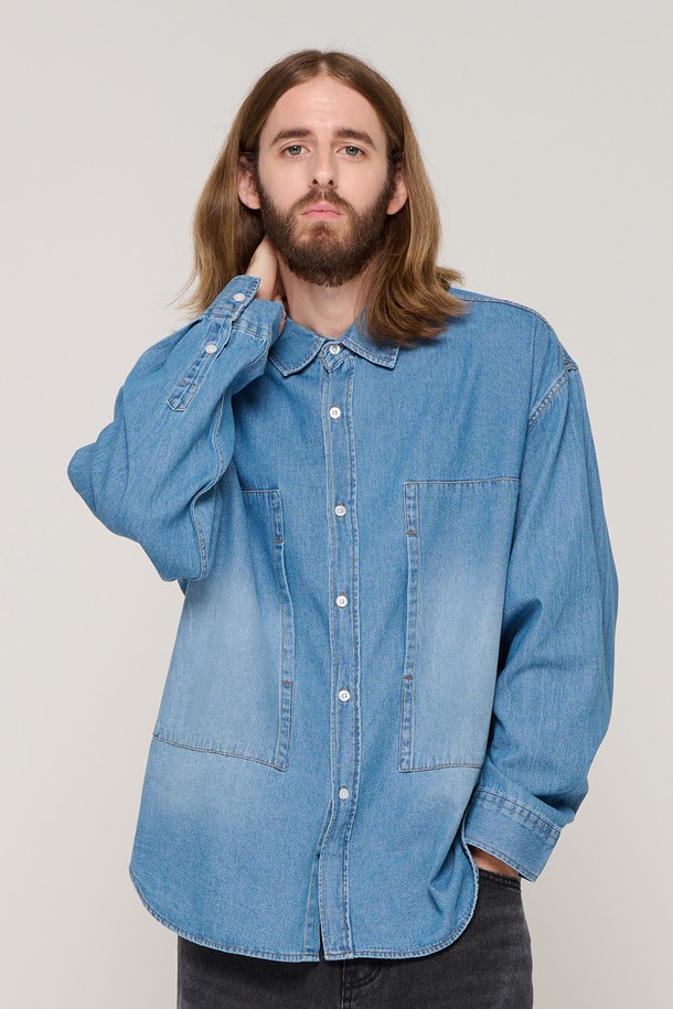 CARGOBROS - 긴팔셔츠 - WASHING SQUARE DENIM SHIRT (BLUE)