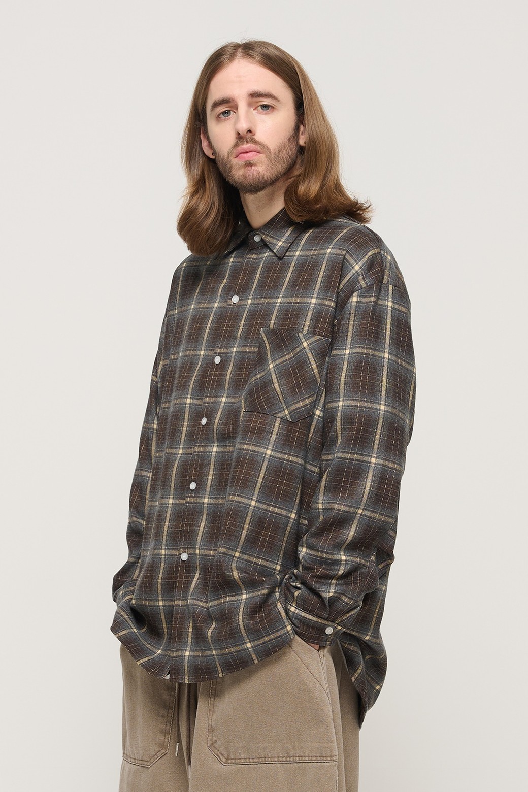 CARGOBROS - 긴팔셔츠 - PREMIUM FLANNEL SEMI-OVERSIZED CHECK SHIRT (BROWN)
