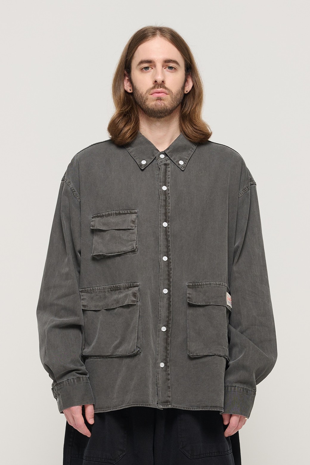 CARGOBROS - 긴팔셔츠 - PIGMENT WASHED MULTI-POCKET WORK SHIRT (CHARCHOL)