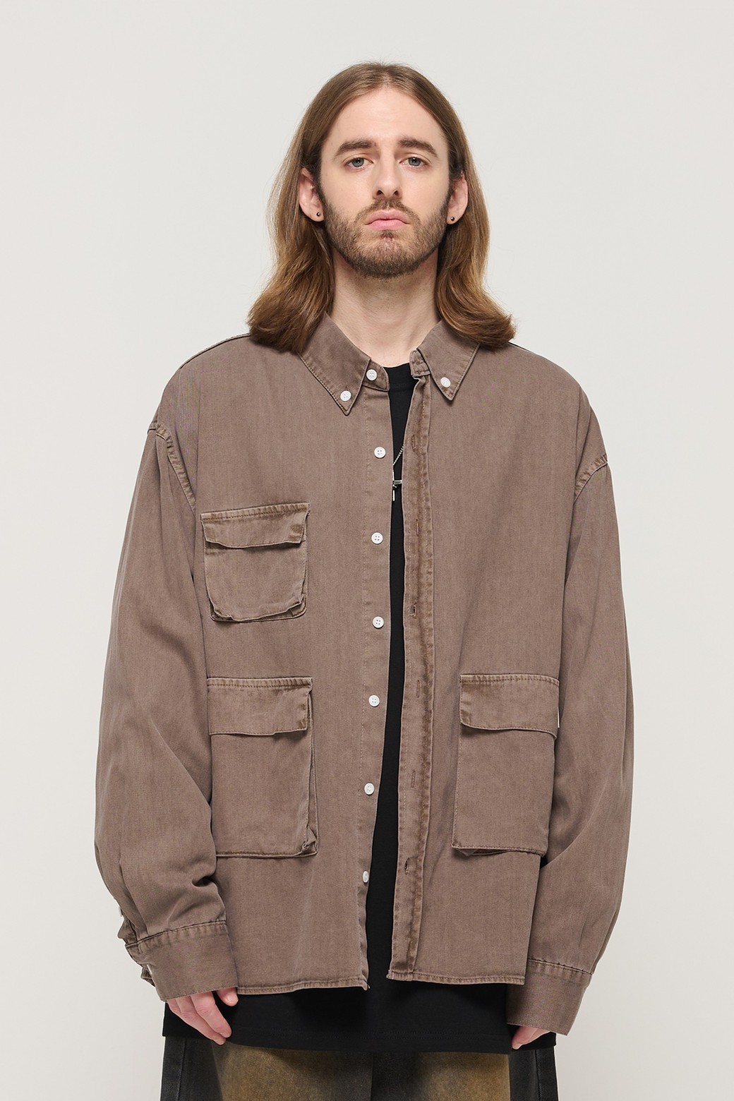 CARGOBROS - 긴팔셔츠 - PIGMENT WASHED MULTI-POCKET WORK SHIRT (BROWN)