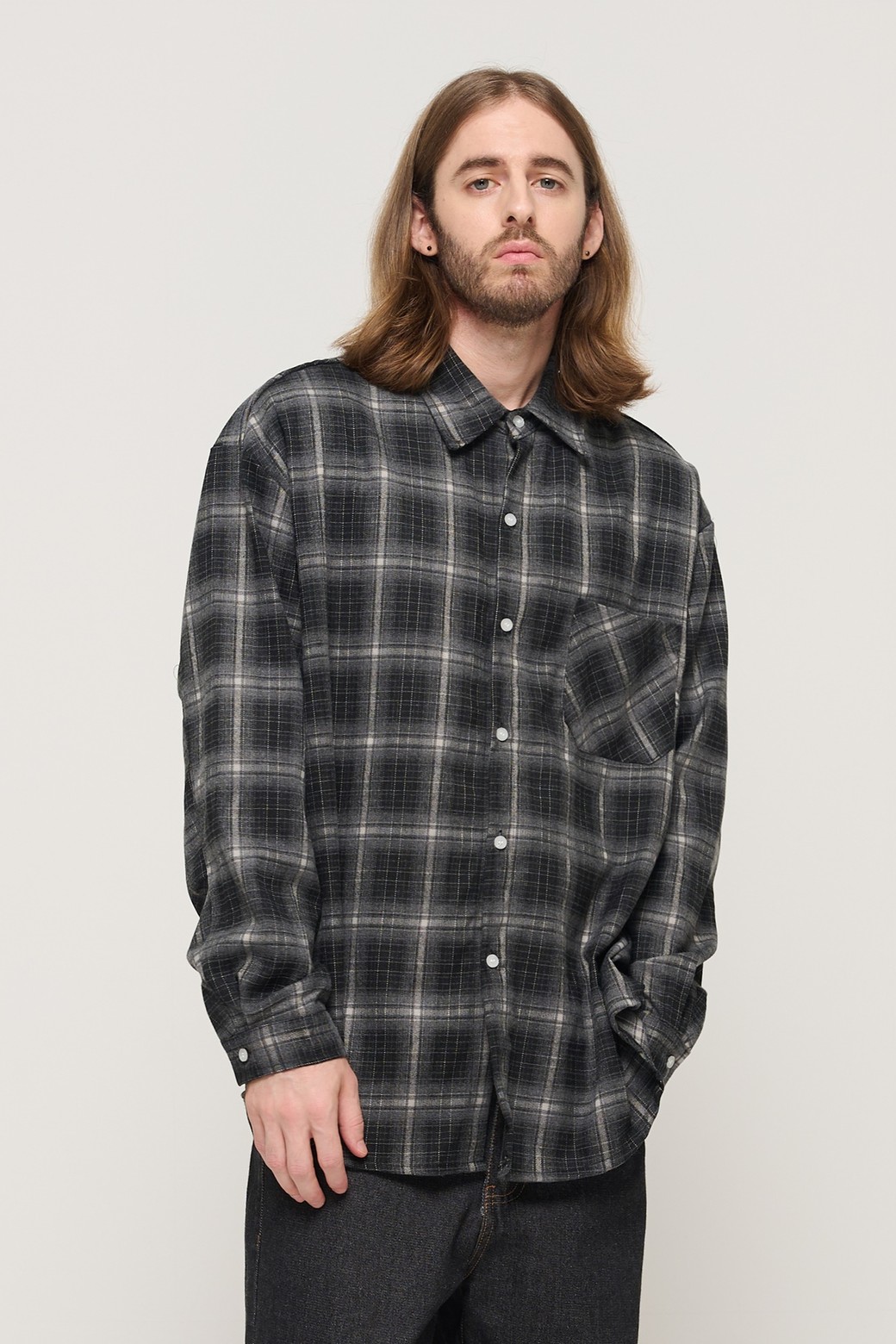 CARGOBROS - 긴팔셔츠 - PREMIUM FLANNEL SEMI-OVERSIZED CHECK SHIRT (BLACK)