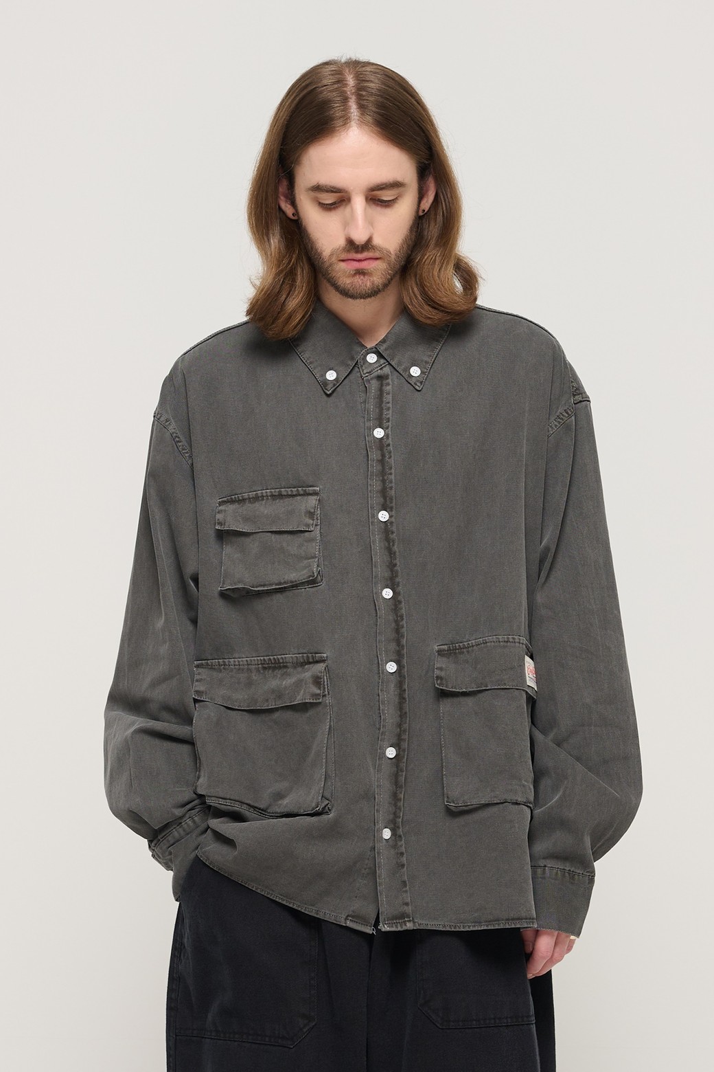 CARGOBROS - 긴팔셔츠 - PIGMENT WASHED MULTI-POCKET WORK SHIRT (CHARCHOL)
