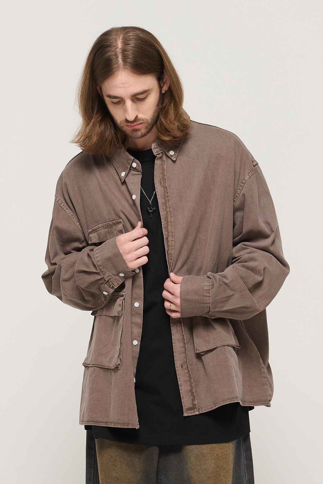 CARGOBROS - 긴팔셔츠 - PIGMENT WASHED MULTI-POCKET WORK SHIRT (BROWN)