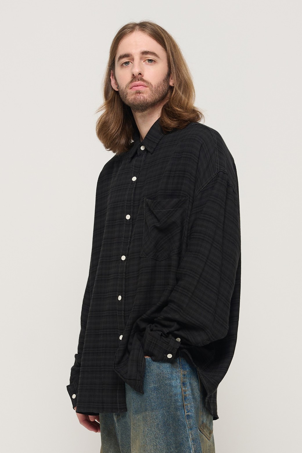 CARGOBROS - 긴팔셔츠 - VINTAGE ROLLING BOXY OVERSIZED CHECK SHIRT (BLACK)