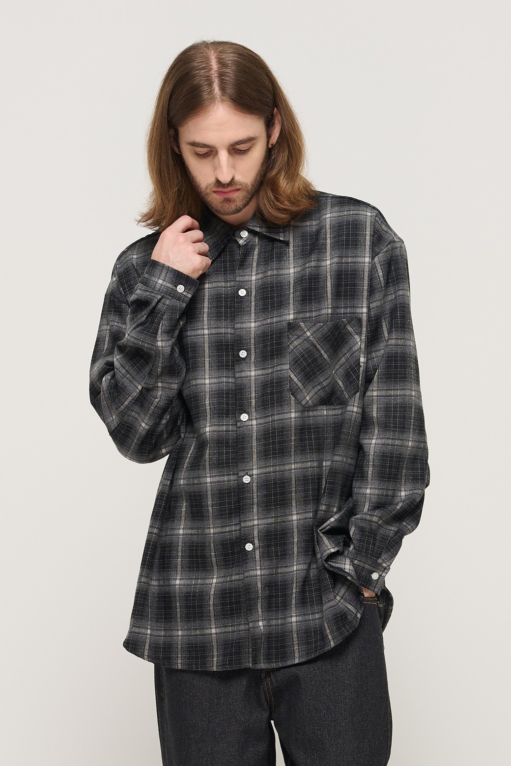 CARGOBROS - 긴팔셔츠 - PREMIUM FLANNEL SEMI-OVERSIZED CHECK SHIRT (BLACK)