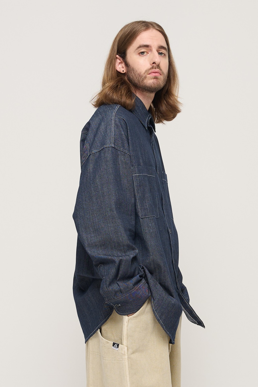 CARGOBROS - 긴팔셔츠 - STITCH DENIM LONG SLEEVE OVERSHIRT (BLUE)