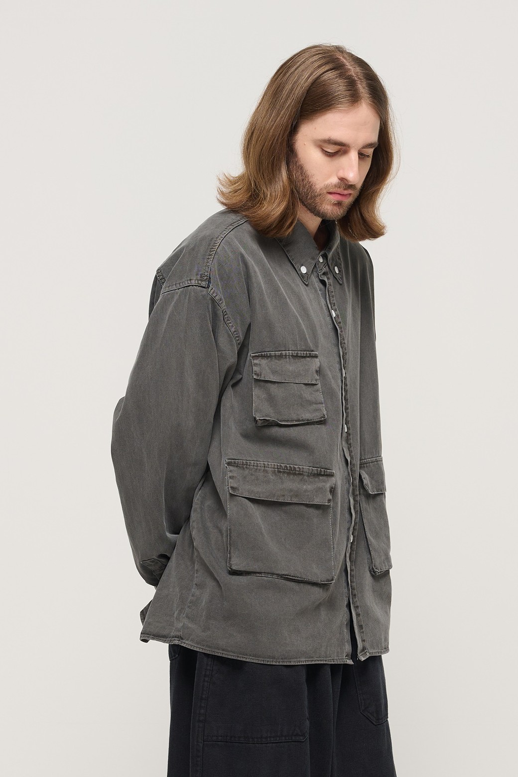 CARGOBROS - 긴팔셔츠 - PIGMENT WASHED MULTI-POCKET WORK SHIRT (CHARCHOL)