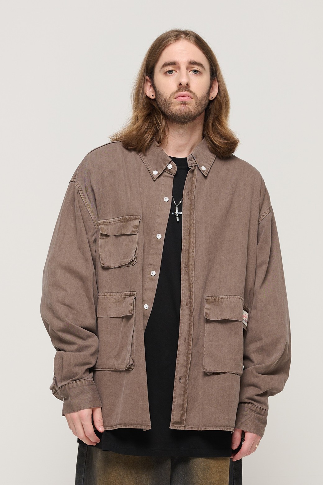 CARGOBROS - 긴팔셔츠 - PIGMENT WASHED MULTI-POCKET WORK SHIRT (BROWN)