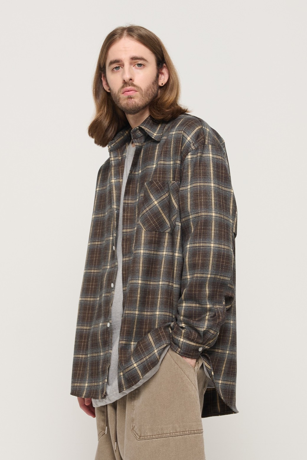 CARGOBROS - 긴팔셔츠 - PREMIUM FLANNEL SEMI-OVERSIZED CHECK SHIRT (BROWN)