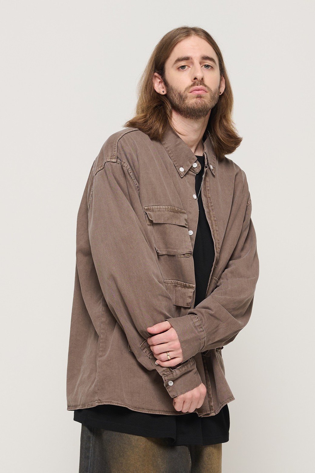 CARGOBROS - 긴팔셔츠 - PIGMENT WASHED MULTI-POCKET WORK SHIRT (BROWN)
