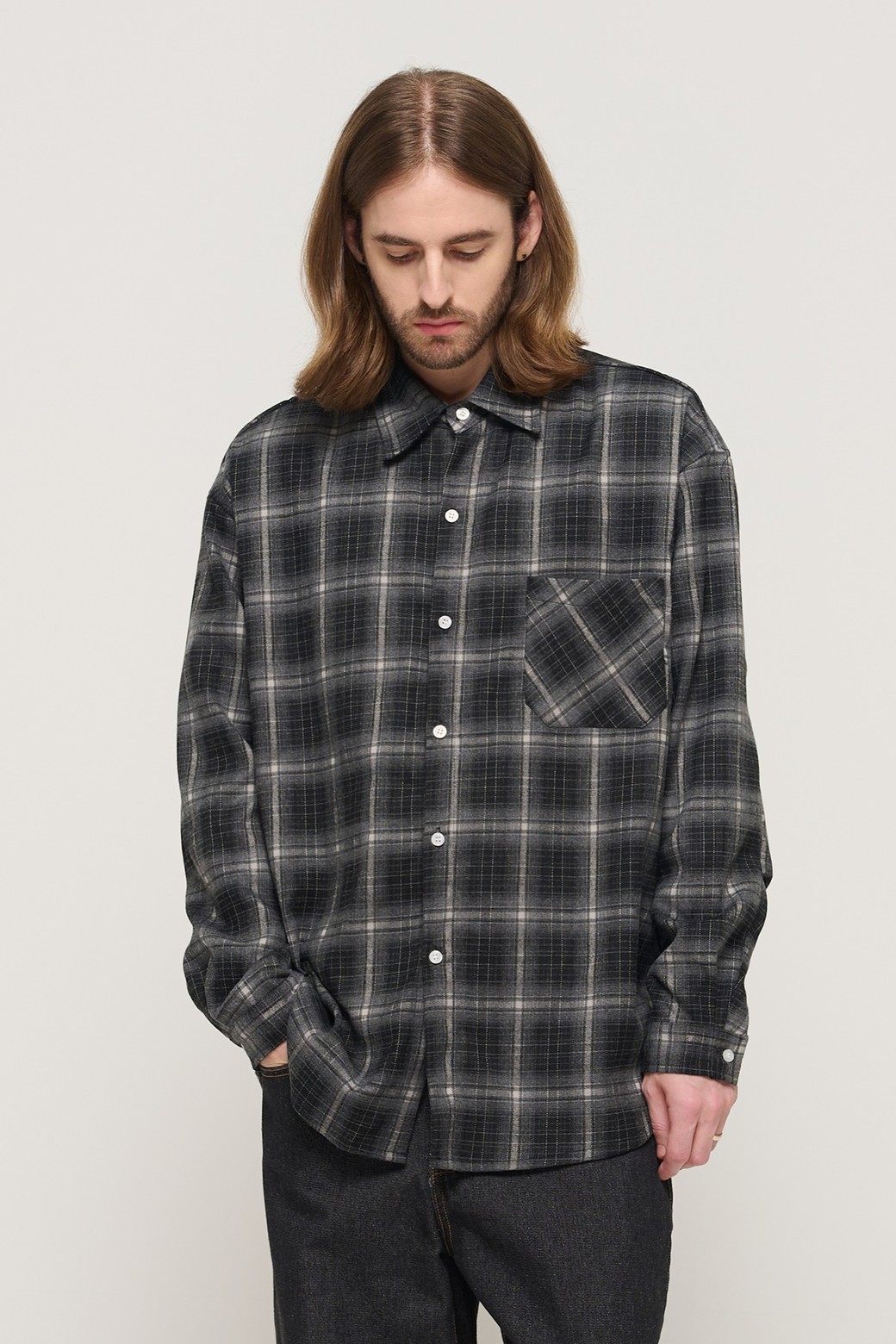 CARGOBROS - 긴팔셔츠 - PREMIUM FLANNEL SEMI-OVERSIZED CHECK SHIRT (BLACK)
