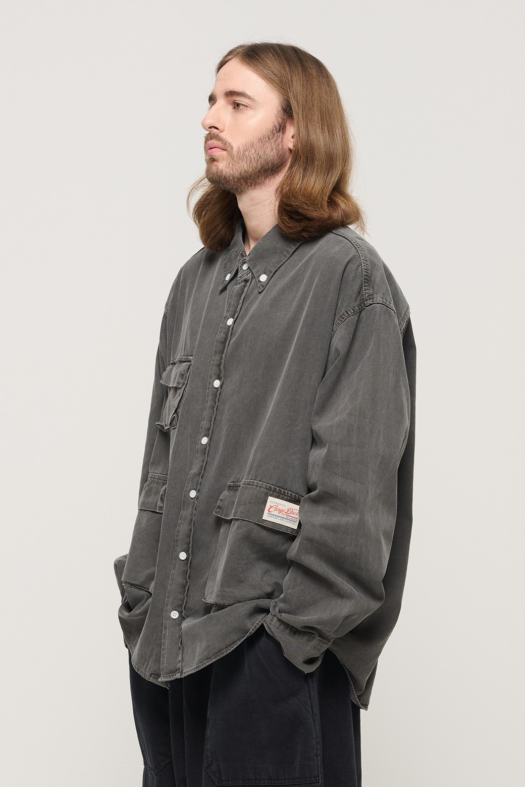 CARGOBROS - 긴팔셔츠 - PIGMENT WASHED MULTI-POCKET WORK SHIRT (CHARCHOL)