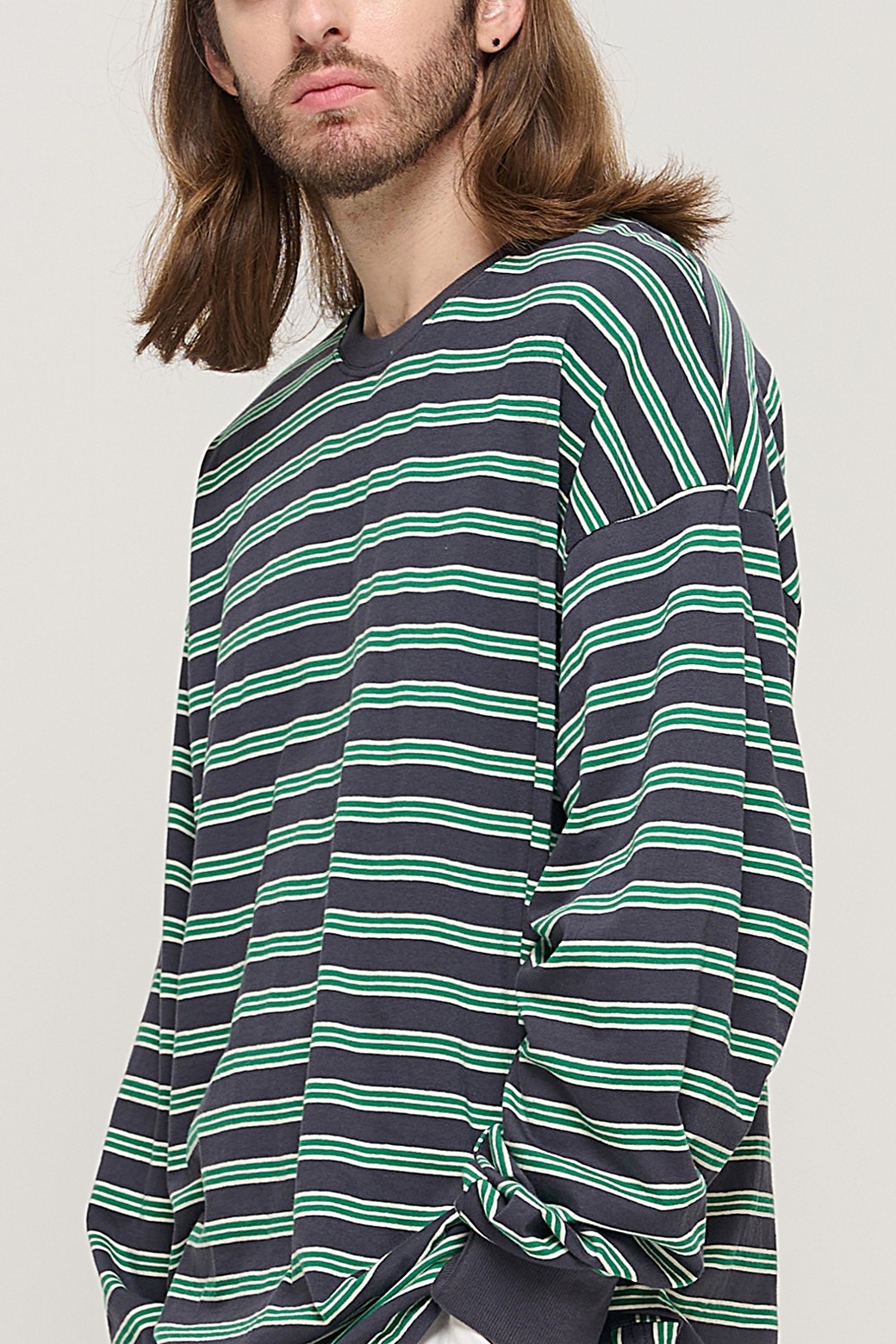 CARGOBROS - 긴팔티셔츠 - STRIPE OVER LONG SLEEVE TEE  (CHARCHOL/GREEN)
