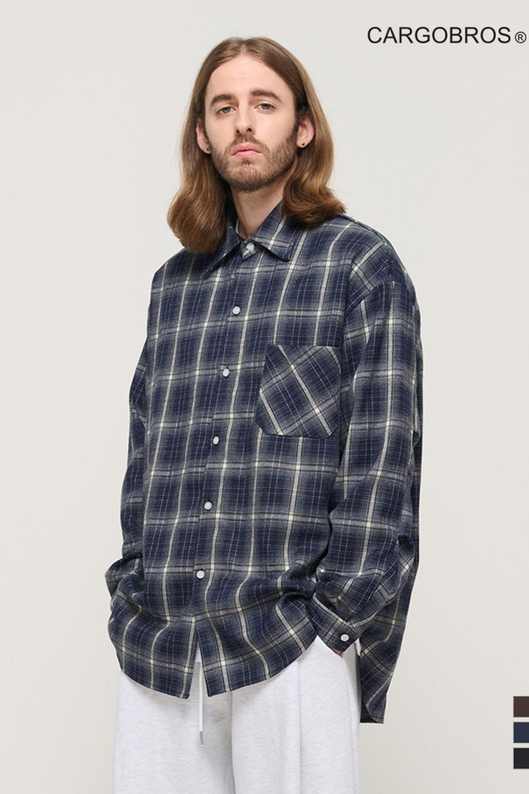 CARGOBROS - 긴팔셔츠 - PREMIUM FLANNEL SEMI-OVERSIZED CHECK SHIRT (NAVY)