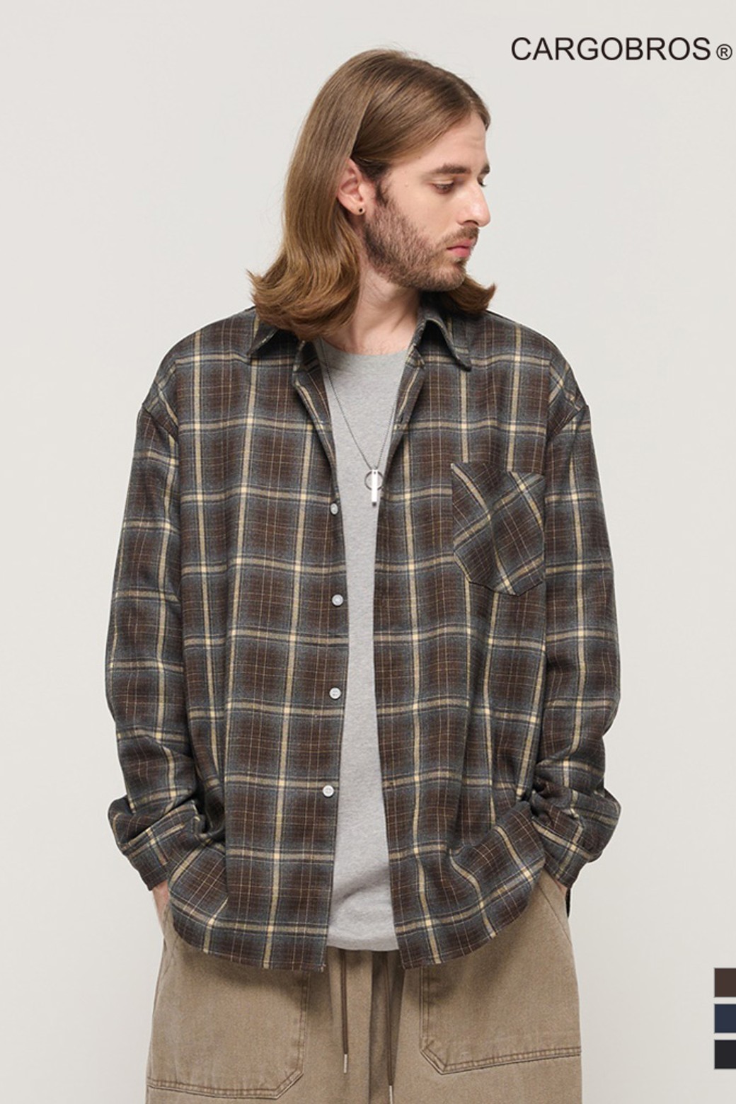 CARGOBROS - 긴팔셔츠 - PREMIUM FLANNEL SEMI-OVERSIZED CHECK SHIRT (BROWN)