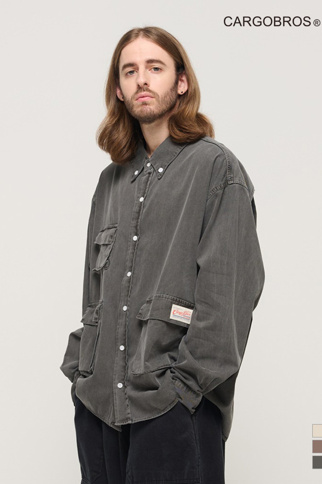 CARGOBROS - 긴팔셔츠 - PIGMENT WASHED MULTI-POCKET WORK SHIRT (CHARCHOL)