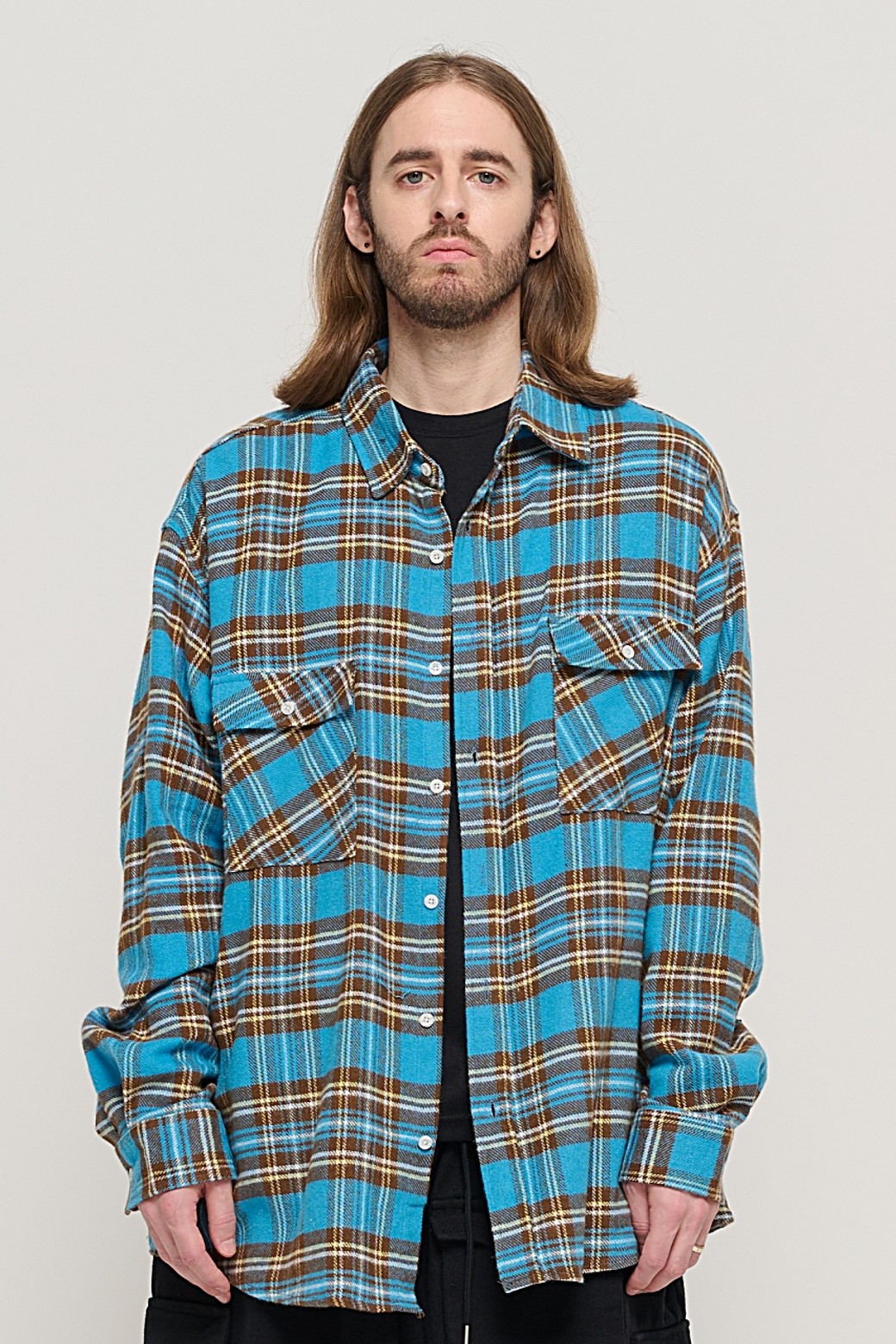 CARGOBROS - 긴팔셔츠 - CB TWO POCKET OVER CHECK SHIRT (BLUE)