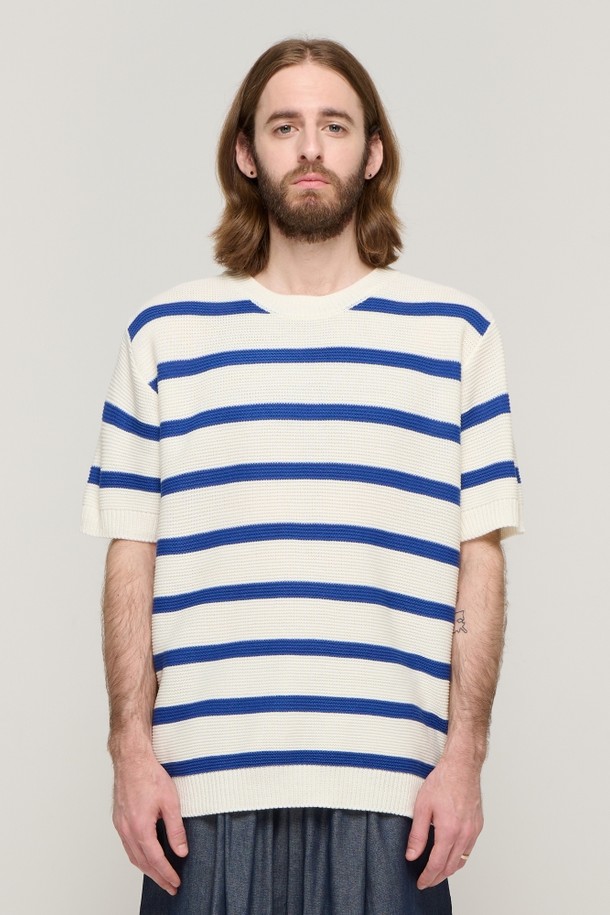 CARGOBROS - 스웨터 - CB STRIPE ROUND HALF KNIT (BLUE)