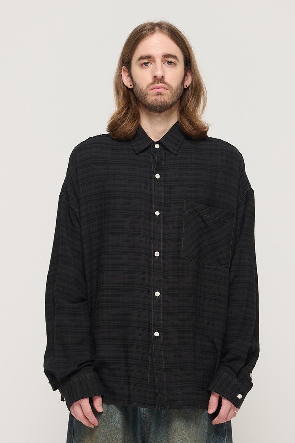 CARGOBROS - 긴팔셔츠 - VINTAGE ROLLING BOXY OVERSIZED CHECK SHIRT (BLACK)