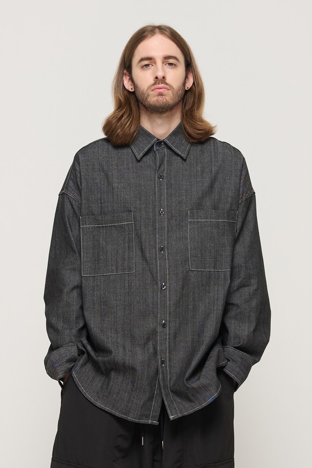 CARGOBROS - 긴팔셔츠 - STITCH DENIM LONG SLEEVE OVERSHIRT (BLACK)