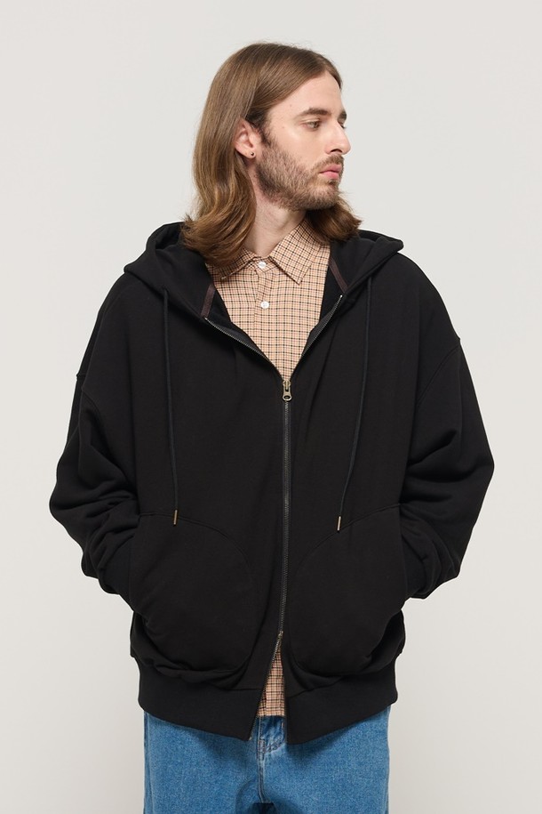 CARGOBROS - 후디 - CIRCLE POCKET OVER FIT  HOOD ZIP UP (BLACK)