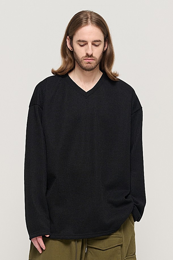 CARGOBROS - 스웨터 - CB V-NECK OVER KNIT (BLACK)