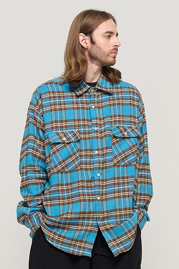 CARGOBROS - 긴팔셔츠 - CB TWO POCKET OVER CHECK SHIRT (BLUE)