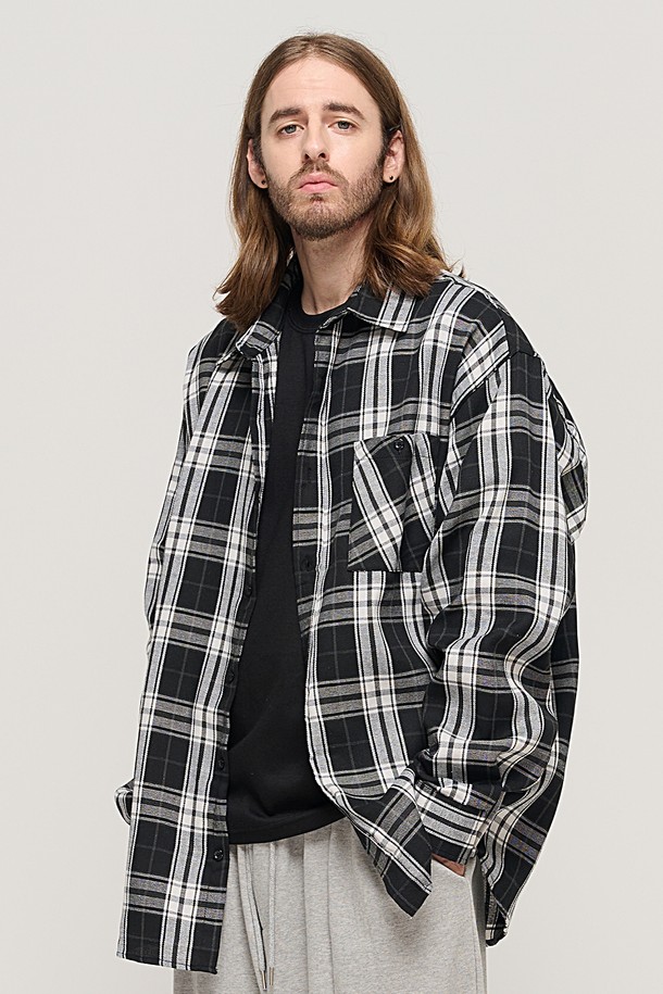 CARGOBROS - 긴팔셔츠 - RETRO COTTON OVERSIZED CHECK SHIRT (BLACK)