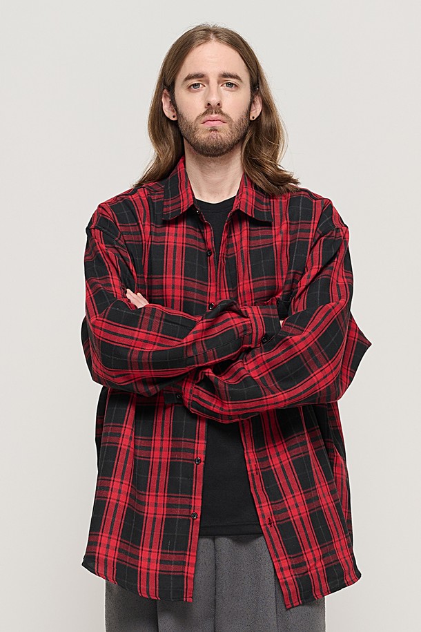 CARGOBROS - 긴팔셔츠 - RETRO COTTON OVERSIZED CHECK SHIRT (RED)