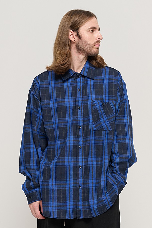 CARGOBROS - 긴팔셔츠 - RETRO COTTON OVERSIZED CHECK SHIRT (BLUE)