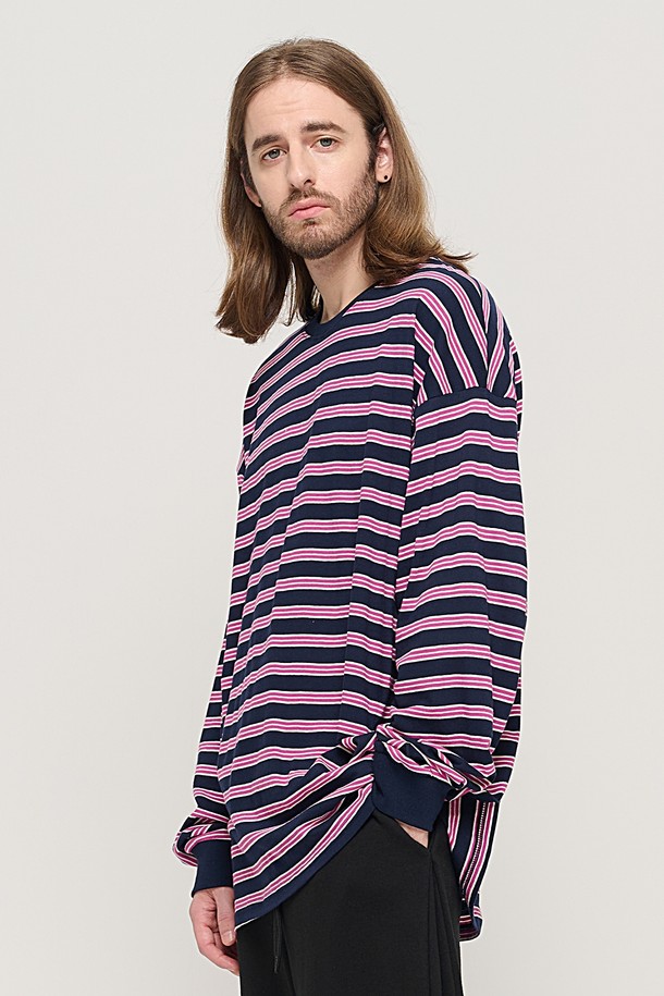 CARGOBROS - 긴팔티셔츠 - STRIPE OVER LONG SLEEVE TEE  (NAVY/PINK)