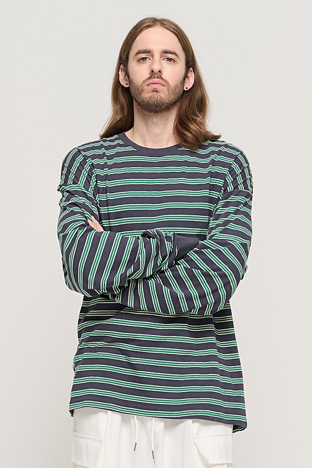 CARGOBROS - 긴팔티셔츠 - STRIPE OVER LONG SLEEVE TEE  (CHARCHOL/GREEN)