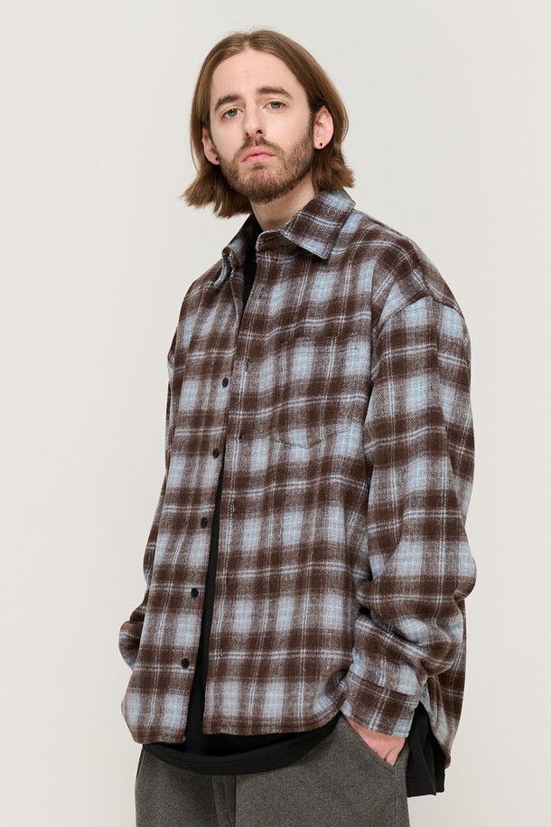 CARGOBROS - 긴팔셔츠 - WOOL-LIKE CHECK SHIRT JACKET (BROWN)