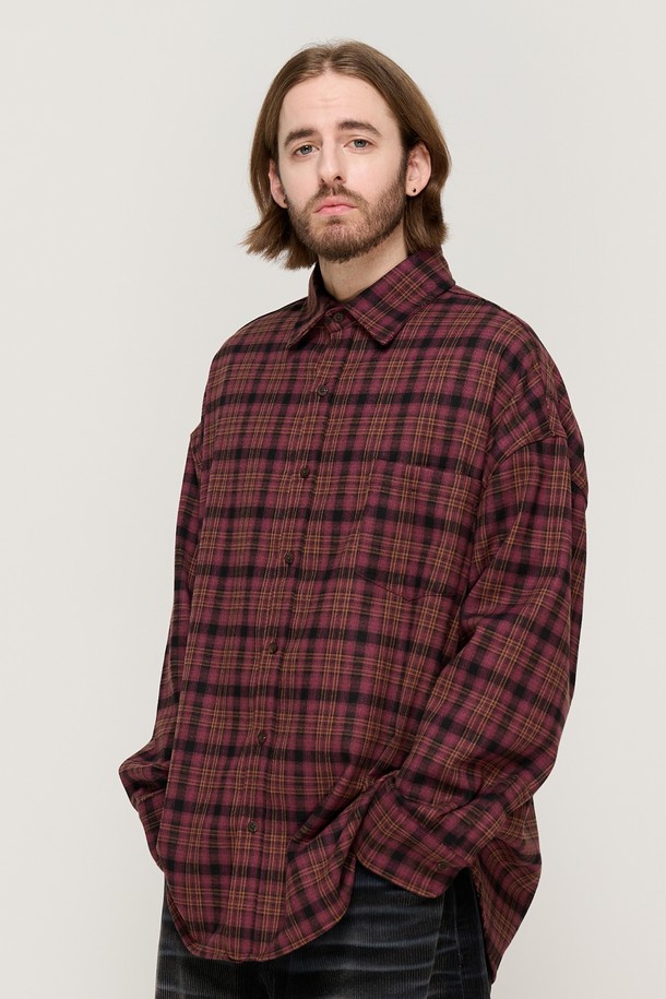 CARGOBROS - 긴팔셔츠 - PEACH COTTON CHECK OVER FIT SHIRT  (WINE)