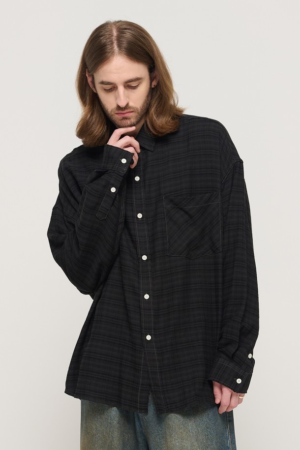 CARGOBROS - 긴팔셔츠 - VINTAGE ROLLING BOXY OVERSIZED CHECK SHIRT (BLACK)